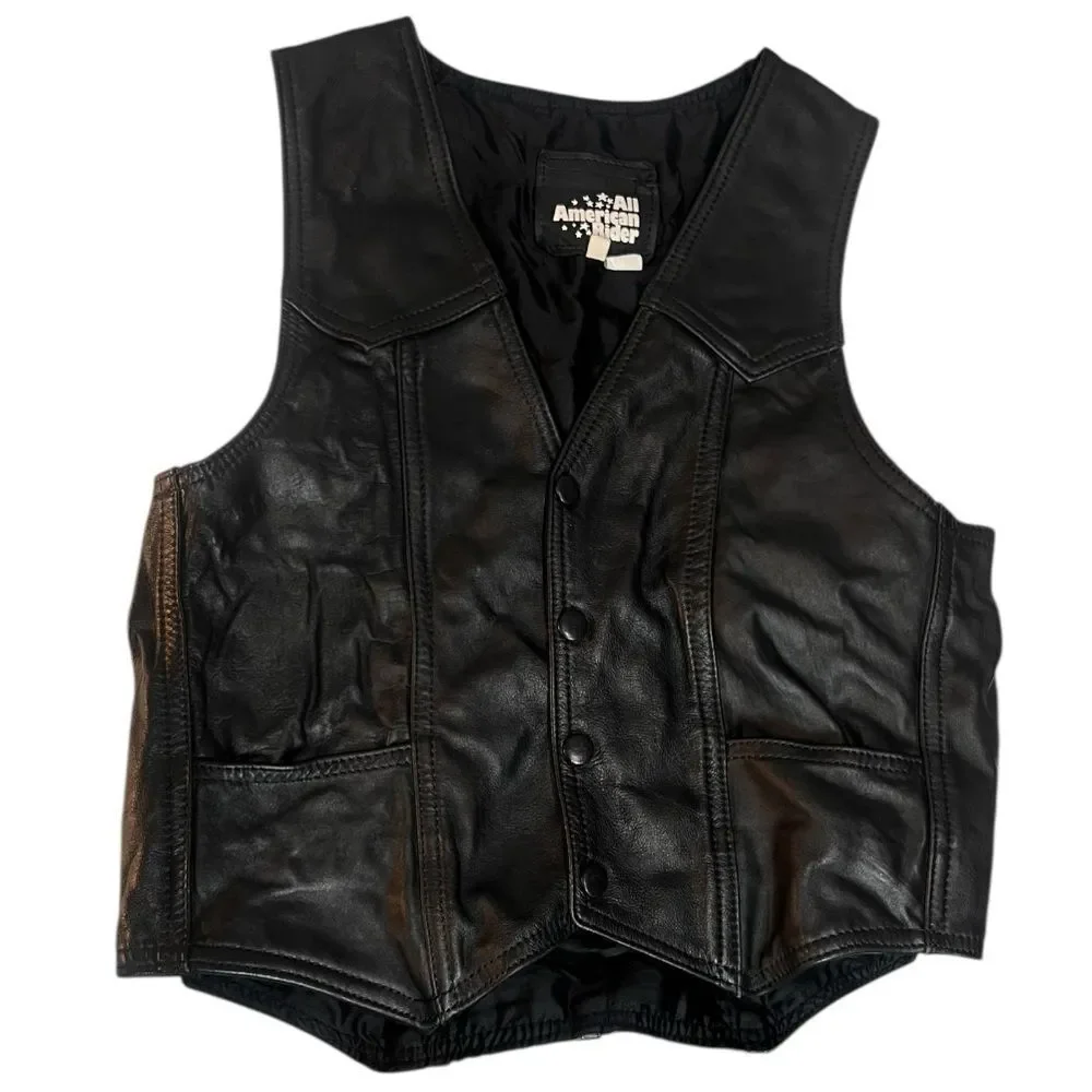 All American Rider Black Faux Leather Biker Button Motorcycle Pockets Vest Sz M